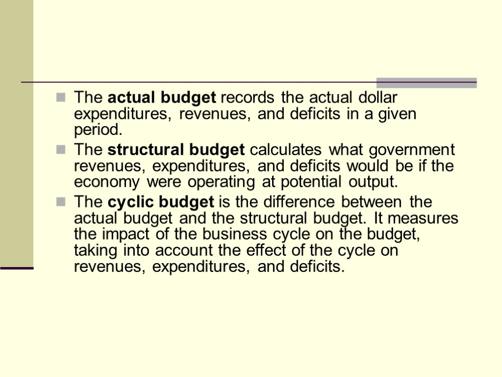 The actual budget records the actual dollar expenditures, revenues, and deficits in a given